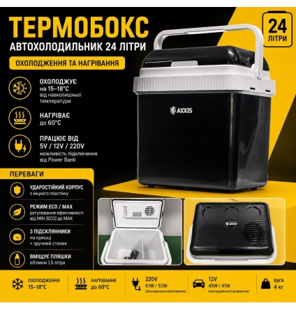 Термобокс автохолодильник 24 л з підігрівом — живлення 5V / 12V / 220V