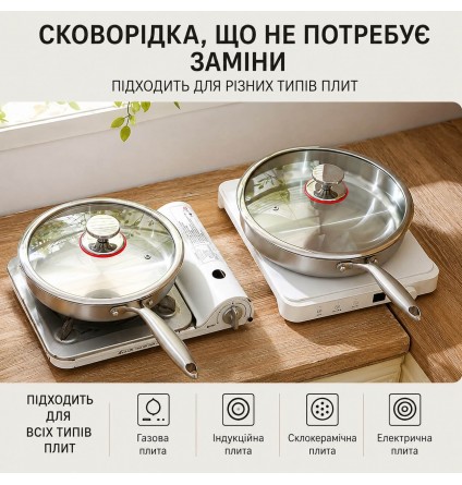 Сковорідка з нержавіючої сталі 304 з кришкою 28 см Сковорідка з нержавіючої сталі 304 з кришкою 28 см