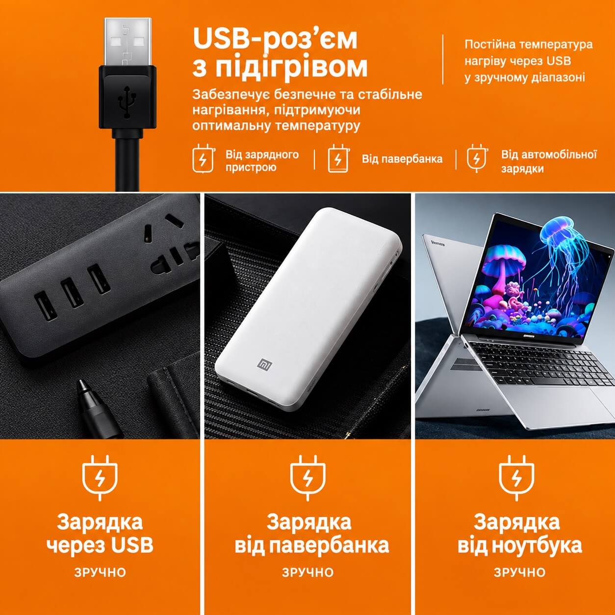 USB грілка 42х42 см з флісовим чохлом, живлення 5В 10Вт